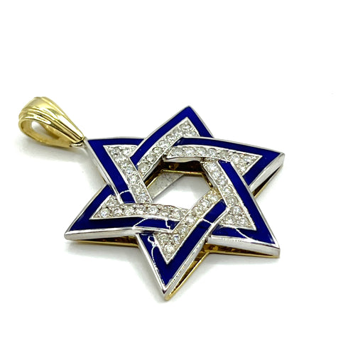 14K Gold & Diamond With Blue Enamel Star of David Necklace